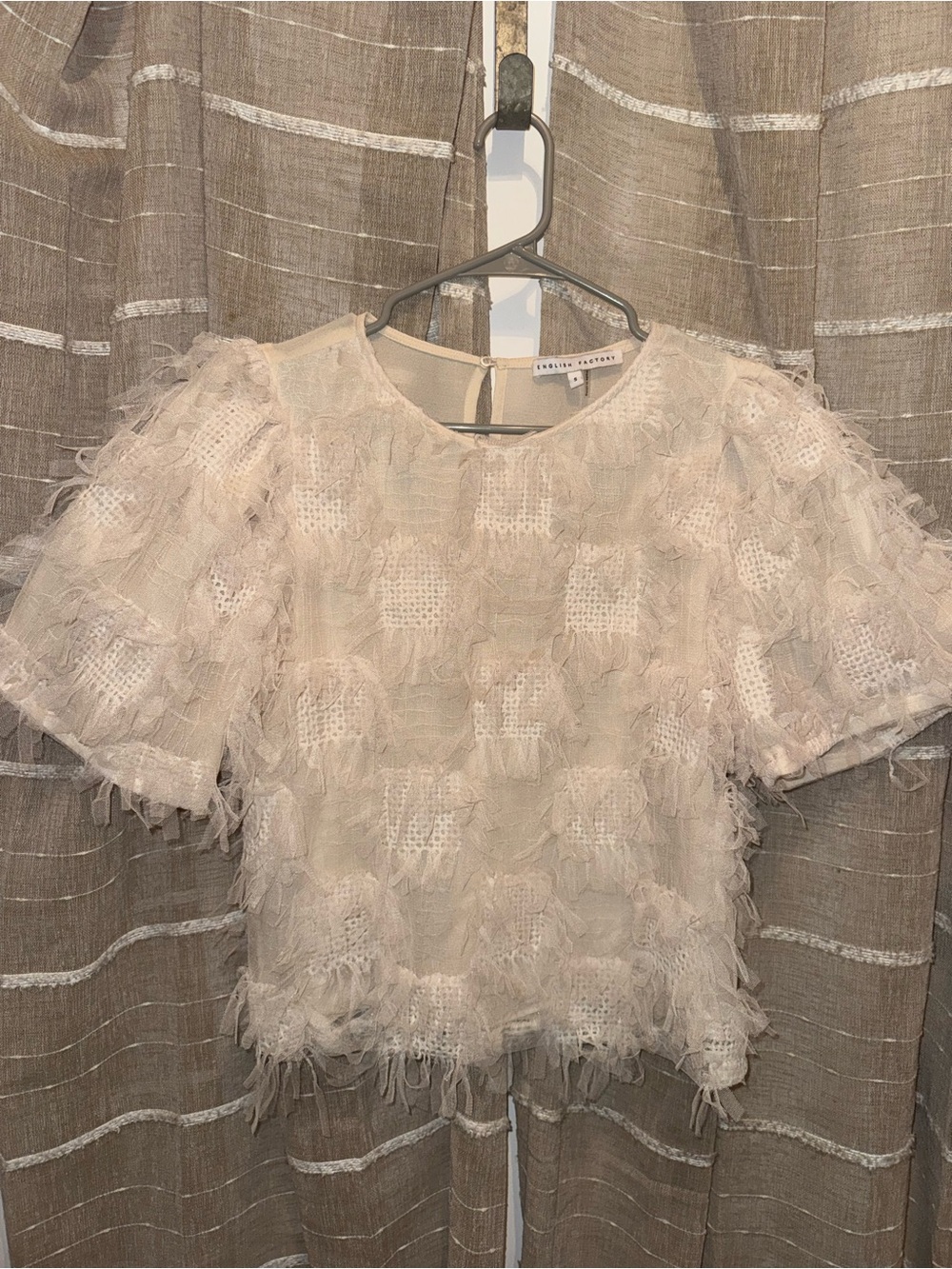 English Factory Cream Textured Fringe Short Sleeve Blouse
